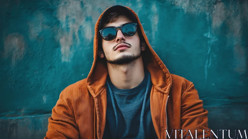 Young man in orange hoodie leans back against teal wall