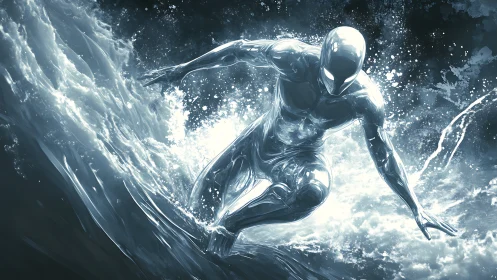 Chrome humanoid surfs turbulent monochrome energy wave