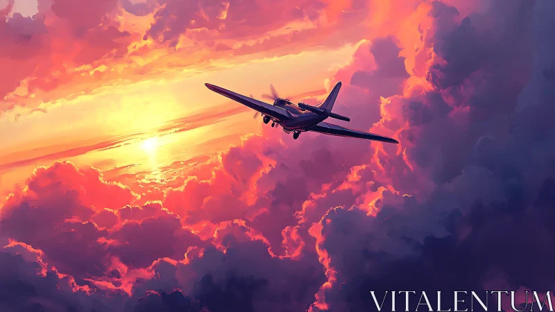 Vintage propeller plane crosses a glowing sunset sky.