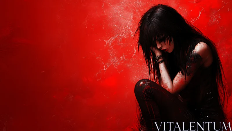 Gothic girl in red field, seated in shadowed side profile.