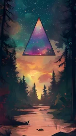 Triangular cosmic portal above chromatic twilight riverine forest.