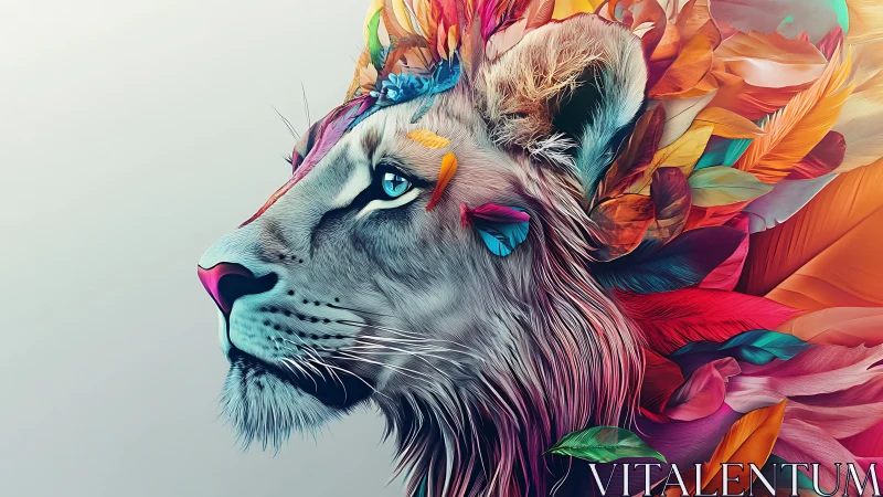 Majestic lion profile crowned with radiant digital feathers.