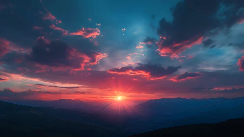 Sunset over distant mountains under vivid cloud glow.