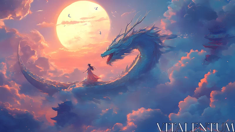 Luminous moonlit dragon spiraling through sunset cloudscape