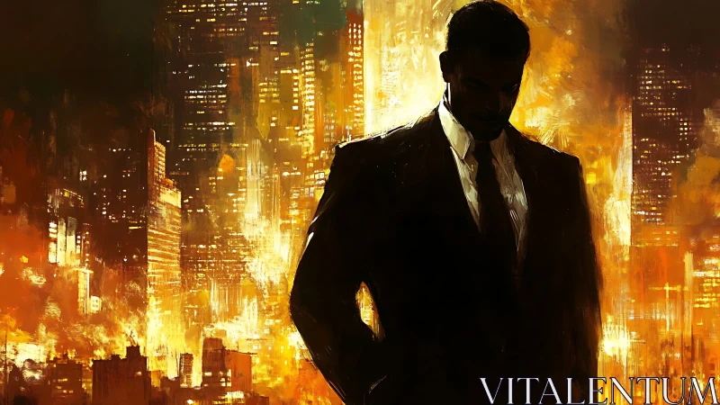 Silhouetted businessman stands against glowing cityscape at night.