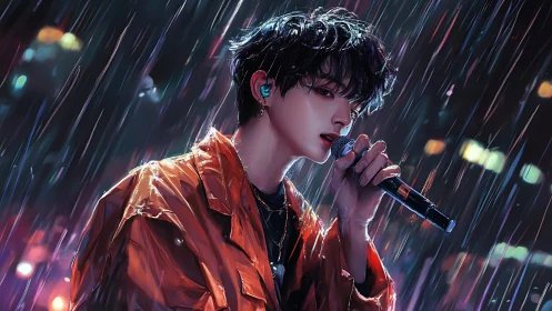 Digital portrait of a rain-soaked singer under neon stage lighting