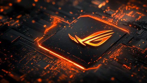 Glowing gaming chipset radiating warm neon energy and power.