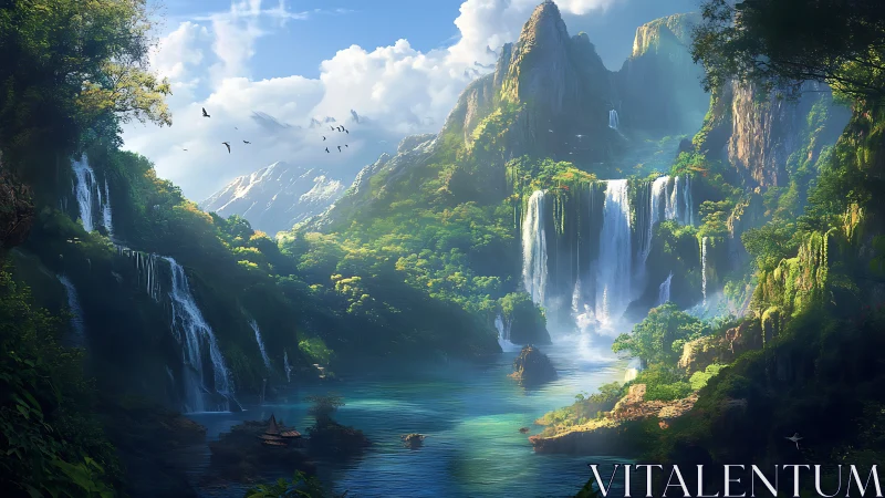 Luminous valley with tiered waterfalls, mist diffusion and aerial depth