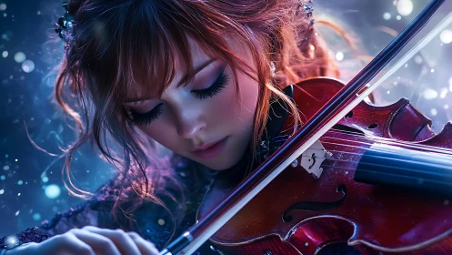 Violinist in luminous blue bokeh with vivid red instrument.