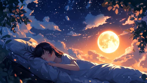 Moonlit anime girl sleeping under glowing night sky.
