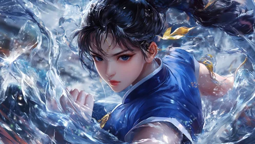 Water-whispering warrior surges through stormlit currents.