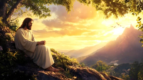 Serene robed figure contemplates a glowing mountain sunrise