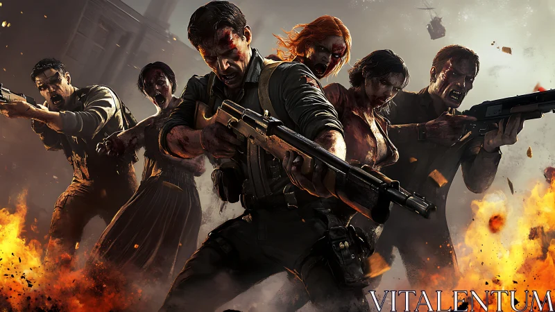 Heavily armed survivors advance through burning zombie battlefield with grit