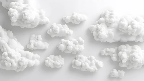 Whimsical Soft White Clouds in Minimalist 3D Art Style.