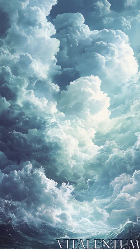Roaring turquoise clouds merge with a luminous storm sea
