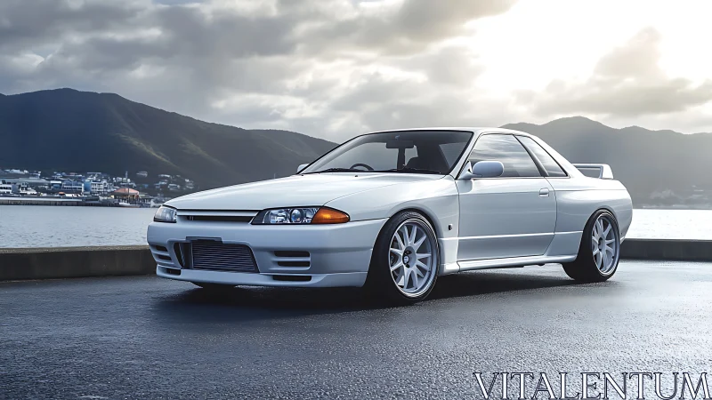 White sports coupe rendered in high-contrast coastal daylight