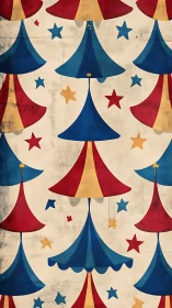 Circus canopy pattern with red blue yellow tents and stars.