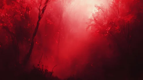 Crimson forest mist under glowing white sky portal.