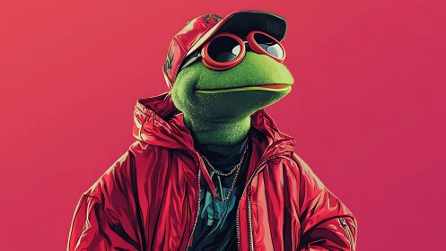 Stylized frog character in streetwear against neon gradient backdrop