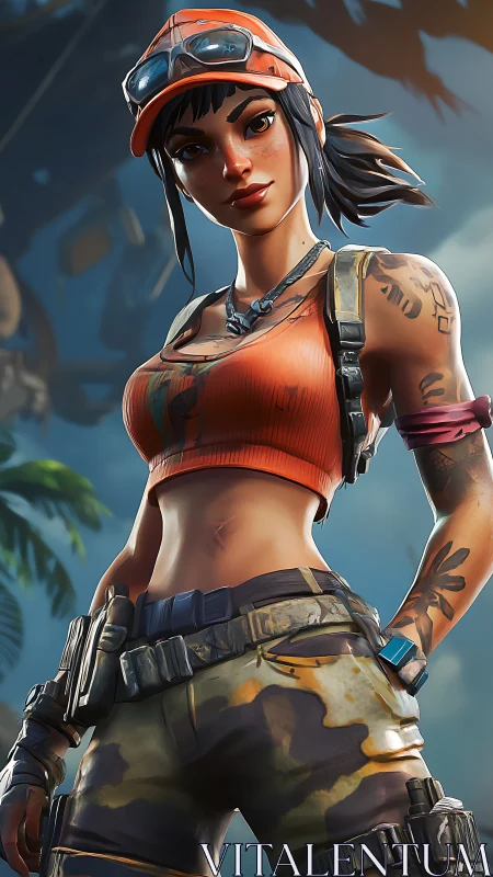 Combat-ready explorer stands confident in tropical ruins.