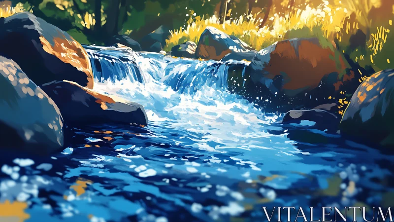 Sunlit forest stream cascades over rocks in vivid color.