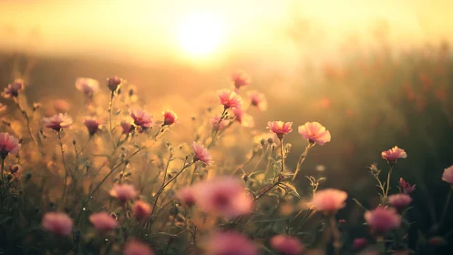 Soft-focus carnation field bathed in golden hour atmospheric diffusion.