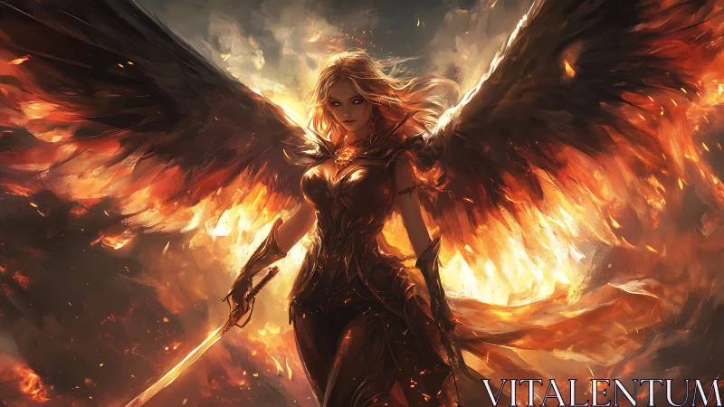 Fiery winged guardian rising from swirling embers of dusk.