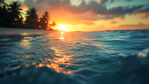 Glowing tropical sunset over rippling turquoise sea surface.