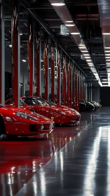 Red supercars align in a sleek, high-end automotive workshop
