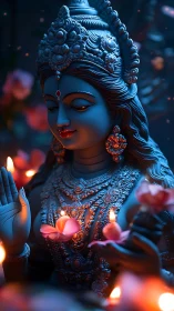 Blue-toned goddess statue with candles and flower petals.