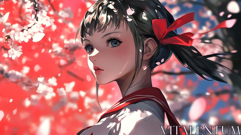 Springtime anime girl framed by soft cherry blossoms.