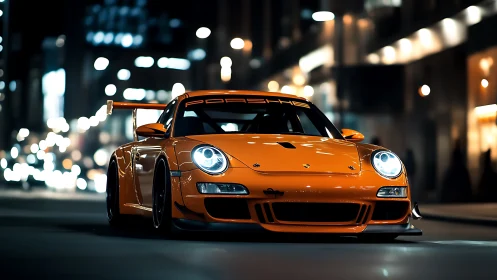 Midnight orange racer prowling through neon city streets.
