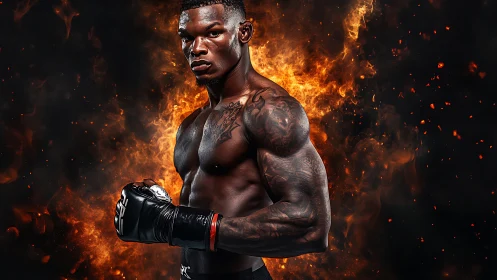 Athletic male figure with dramatic pyroclastic environmental effects.