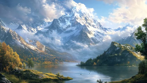 Snowcapped mountain range rises above tranquil lake at dawn.