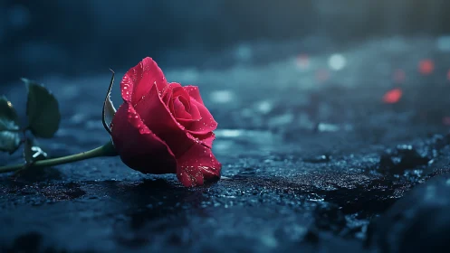 Single red rose rests on wet pavement in moody twilight