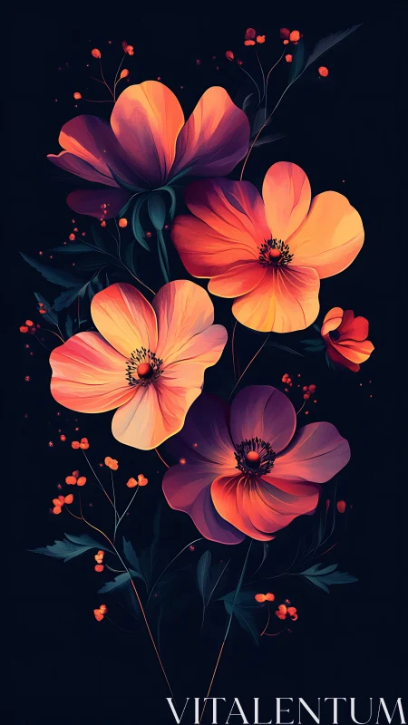 Digital Illustration: Luminous Cosmos Flowers with Gradient Petals