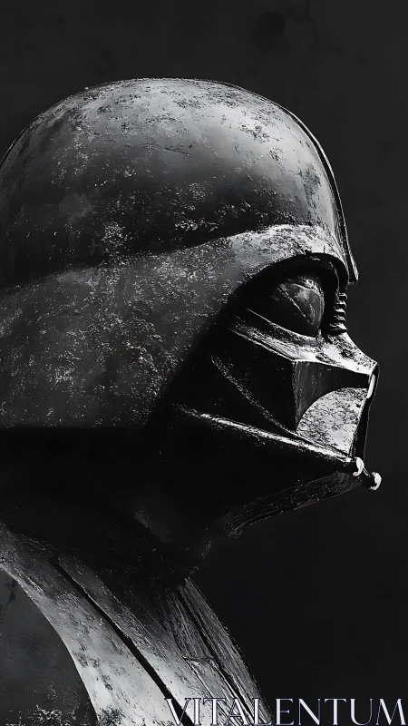 Weathered dark helmet gazing into the void of memory.