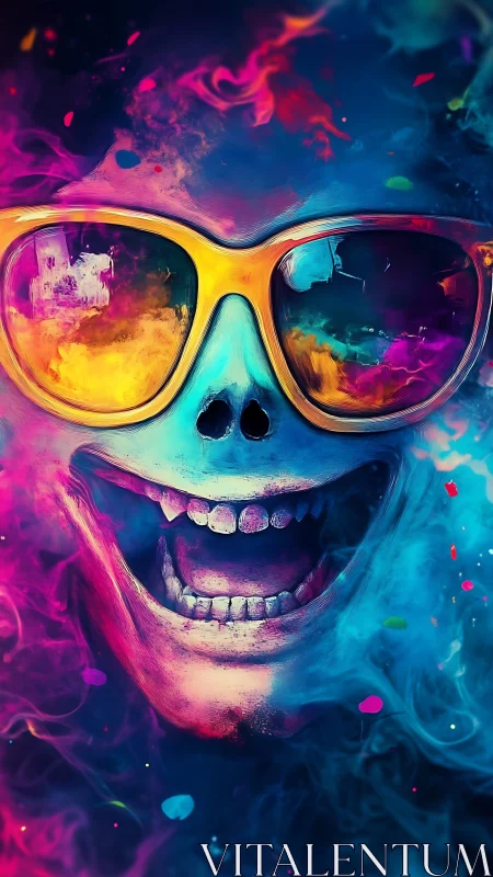 Neon laughter skates across a skull in candy riot colors