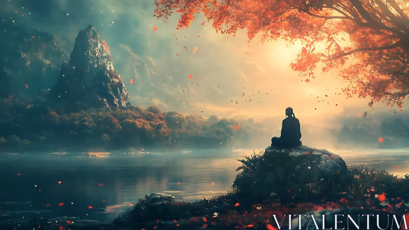 Silent thinker steeps in autumn light beside enchanted lake