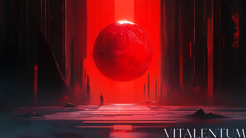 Monolithic corridor framing glowing red levitating sphere.