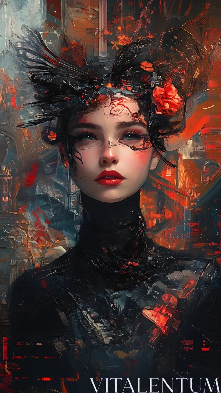 Crimson crowned cyber-muse in painterly abstract bloom.