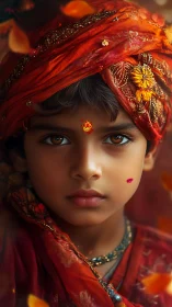 Gentle child gazes calmly in rich red traditional attire