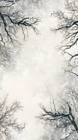 Snow-laden tree branches frame a high-key winter sky symmetrically