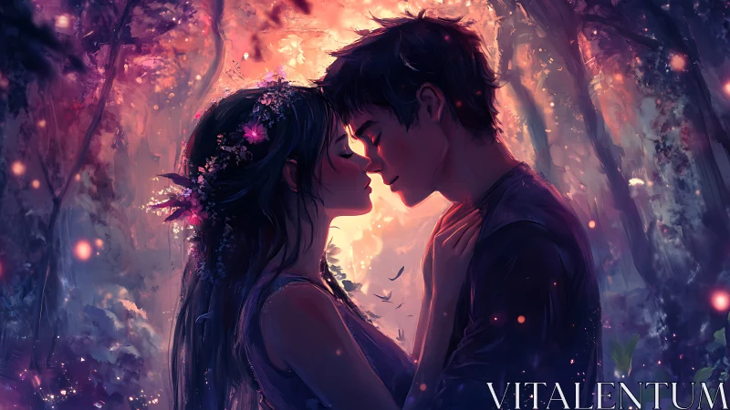 Lovers in Glowing Forest at Sunset.