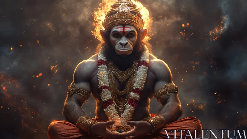 Divine simian warrior meditating in fiery celestial aura.