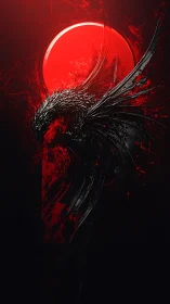 Dark winged creature silhouette against red circular backdrop.