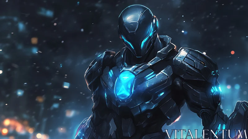 Futuristic armored hero stands ready in glowing city night