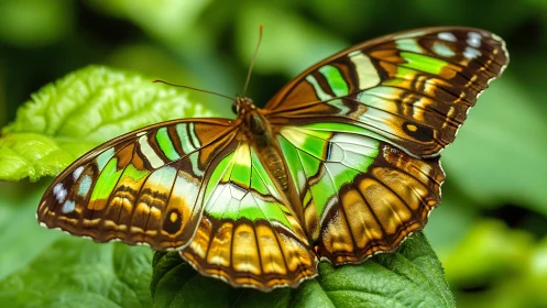 Green brown butterfly spreads luminous wings on leaf