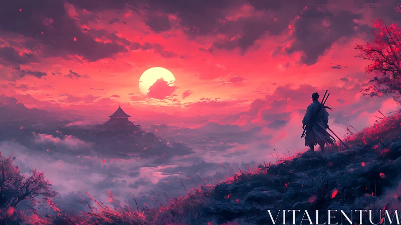 Samurai overlooks crimson valley under blazing sunset sky.