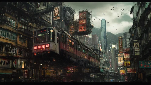 Elevated cyberpunk tram cuts through dense neon megacity grid